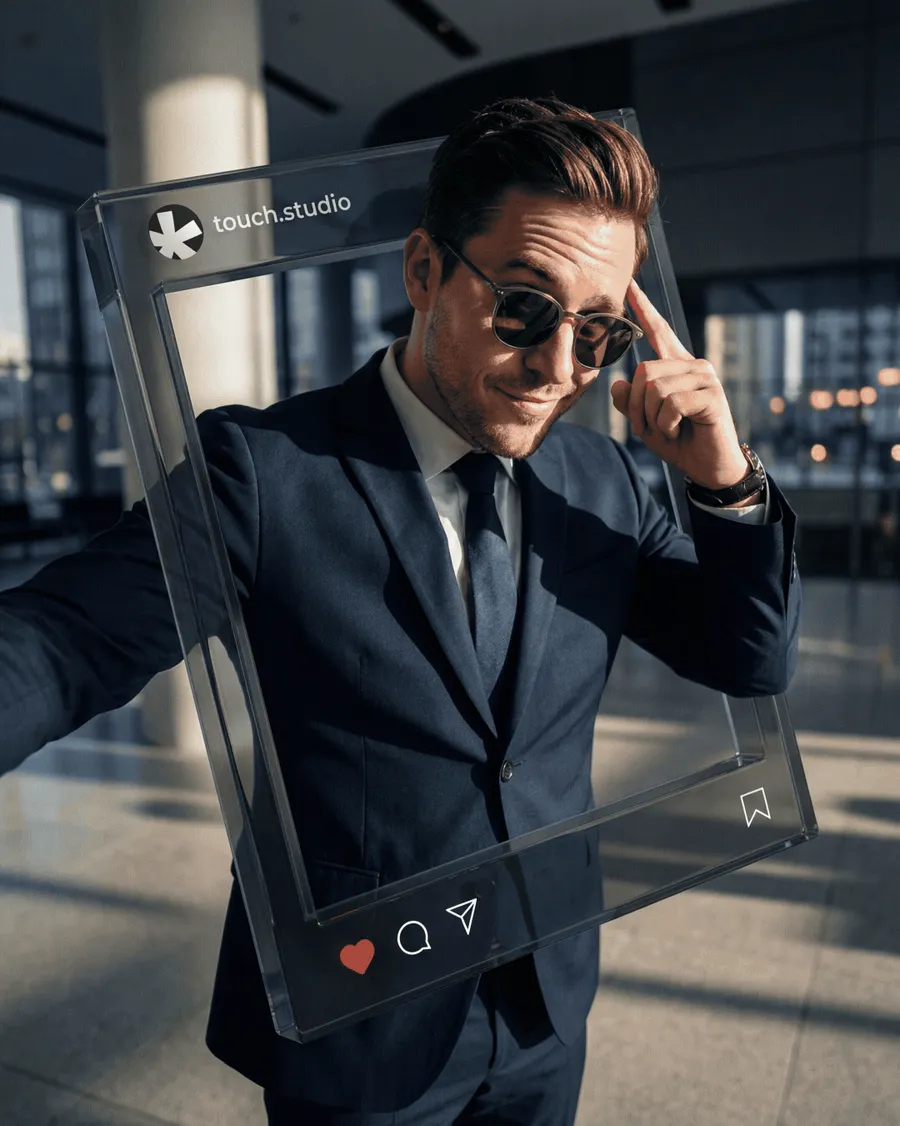 Touch Studio: a man in a suit framed by a glass social post