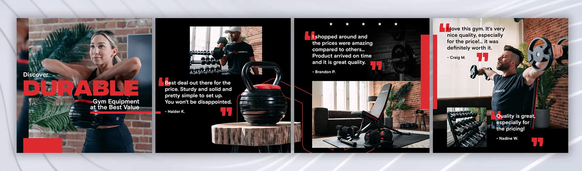 Montreal Weights social carousel: durable gym equipment and customer reviews